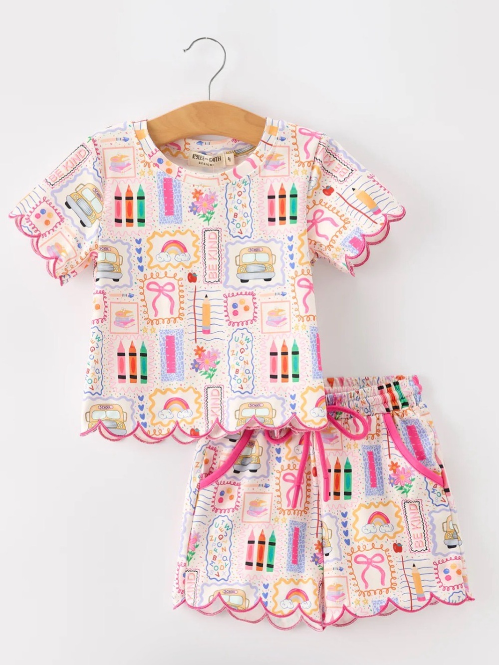 NEW - Rylee Faith  Designs - Girls Back To School Scallop Hem Shorts Set - Sz 3